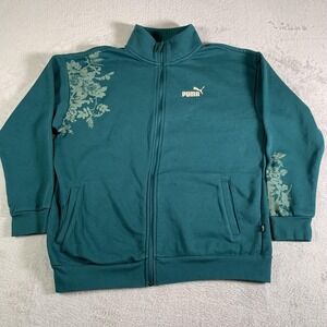Puma Track Jacket Womens Small Teal Floral Full‎ Zip Sweatshirt Cotton Blend